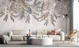 Tapet tropical personalizat cu selectie de plante si frunze tropicale in nuante roz gold pe fundal pastel tropical rose gold