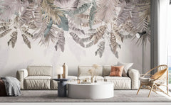 Tapet tropical personalizat cu selectie de plante si frunze tropicale in nuante roz gold pe fundal pastel tropical rose gold