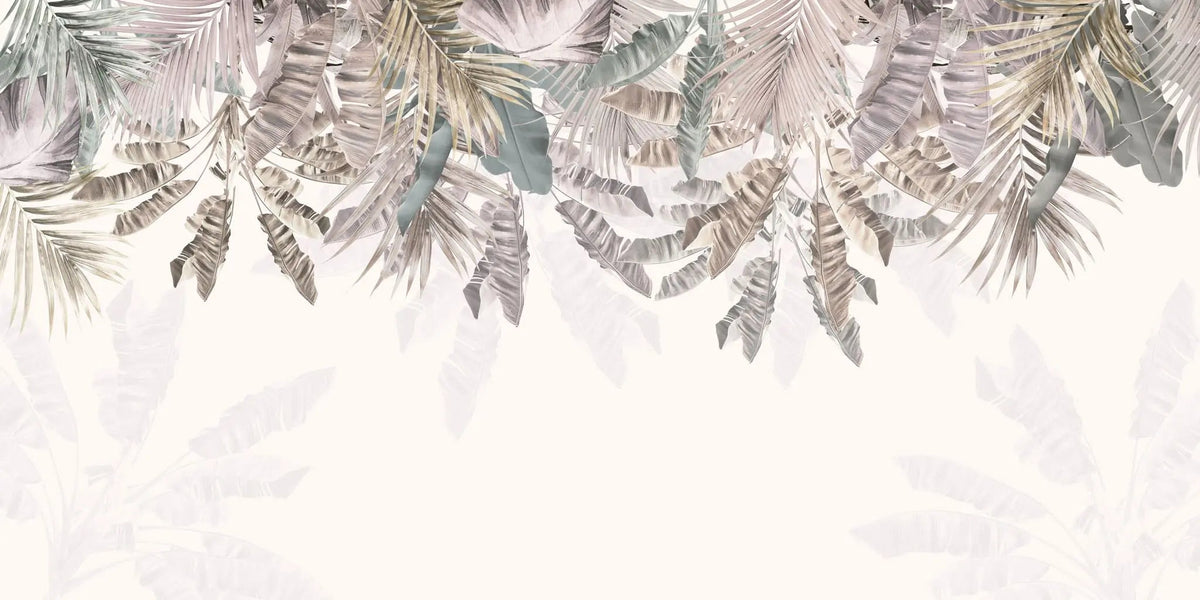Tapet tropical personalizat cu selectie de plante si frunze tropicale in nuante roz gold pe fundal pastel tropical rose gold