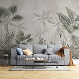 Tapet tropical personalizat cu palmieri si frunze de bananier monstera si plante tropicale tropical sepia