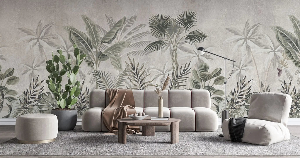 Tapet tropical personalizat cu palmieri si frunze de bananier monstera si plante tropicale tropical sepia
