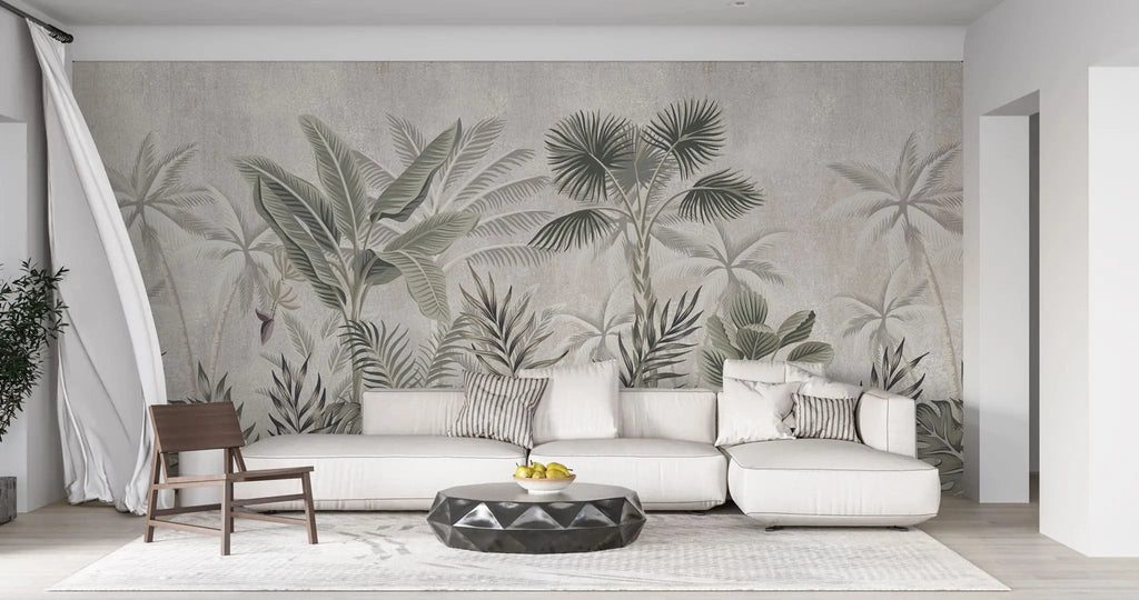 Tapet tropical personalizat cu palmieri si frunze de bananier monstera si plante tropicale tropical sepia