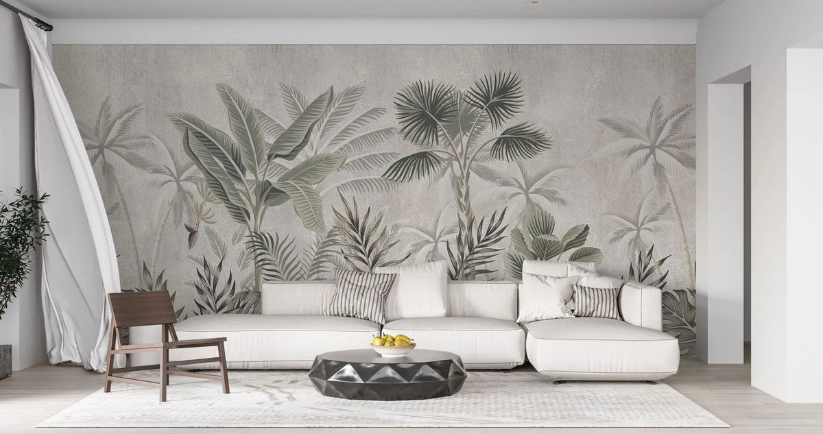 Tapet tropical personalizat cu palmieri si frunze de bananier monstera si plante tropicale tropical sepia
