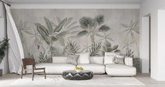 Tapet tropical personalizat cu palmieri si frunze de bananier monstera si plante tropicale tropical sepia