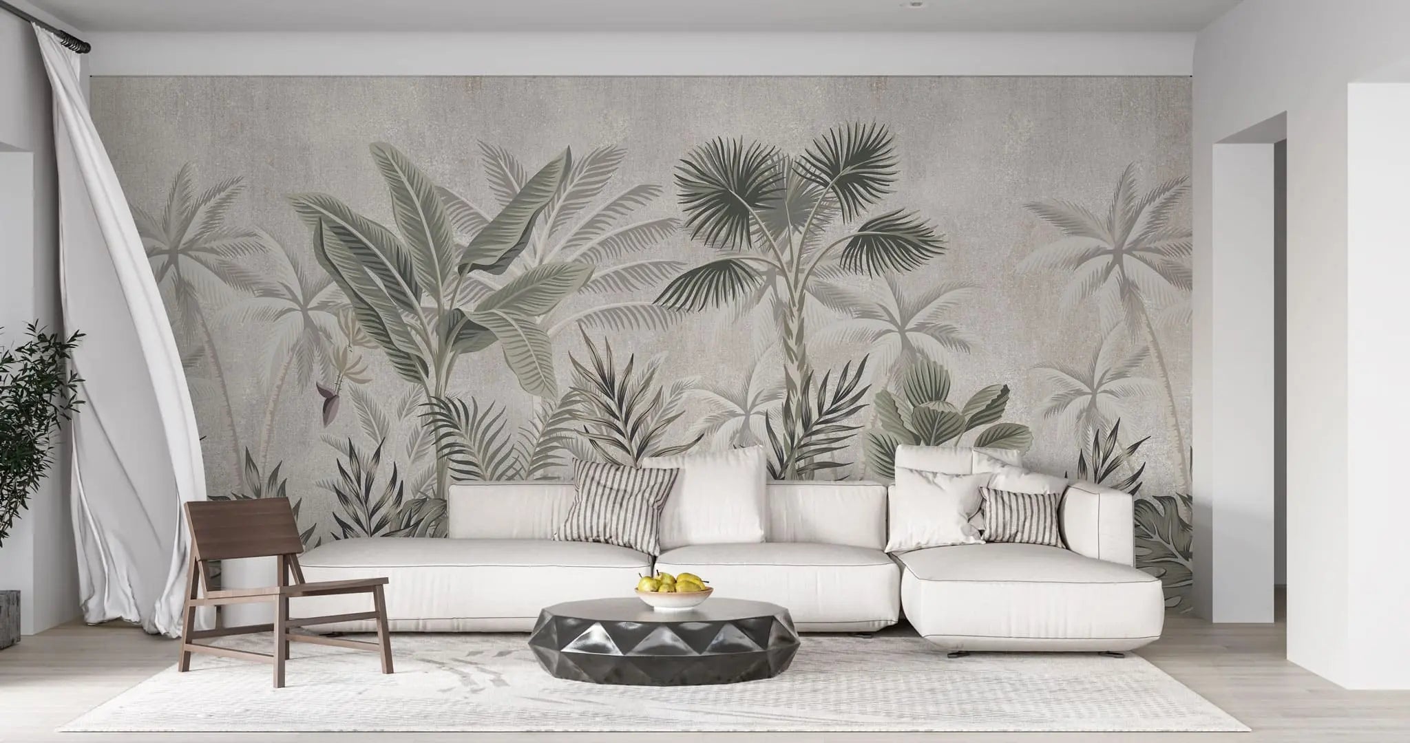 Tapet tropical personalizat cu palmieri si frunze de bananier monstera si plante tropicale tropical sepia