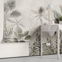 Tapet tropical personalizat cu palmieri si frunze de bananier monstera si plante tropicale tropical sepia