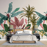 Tapet tropical personalizat vesel cu frunze tropicale de bananier si dracaena pragrans colorate in nuante de verde rozaliu si galben pe un fundal deschis tropical vibe