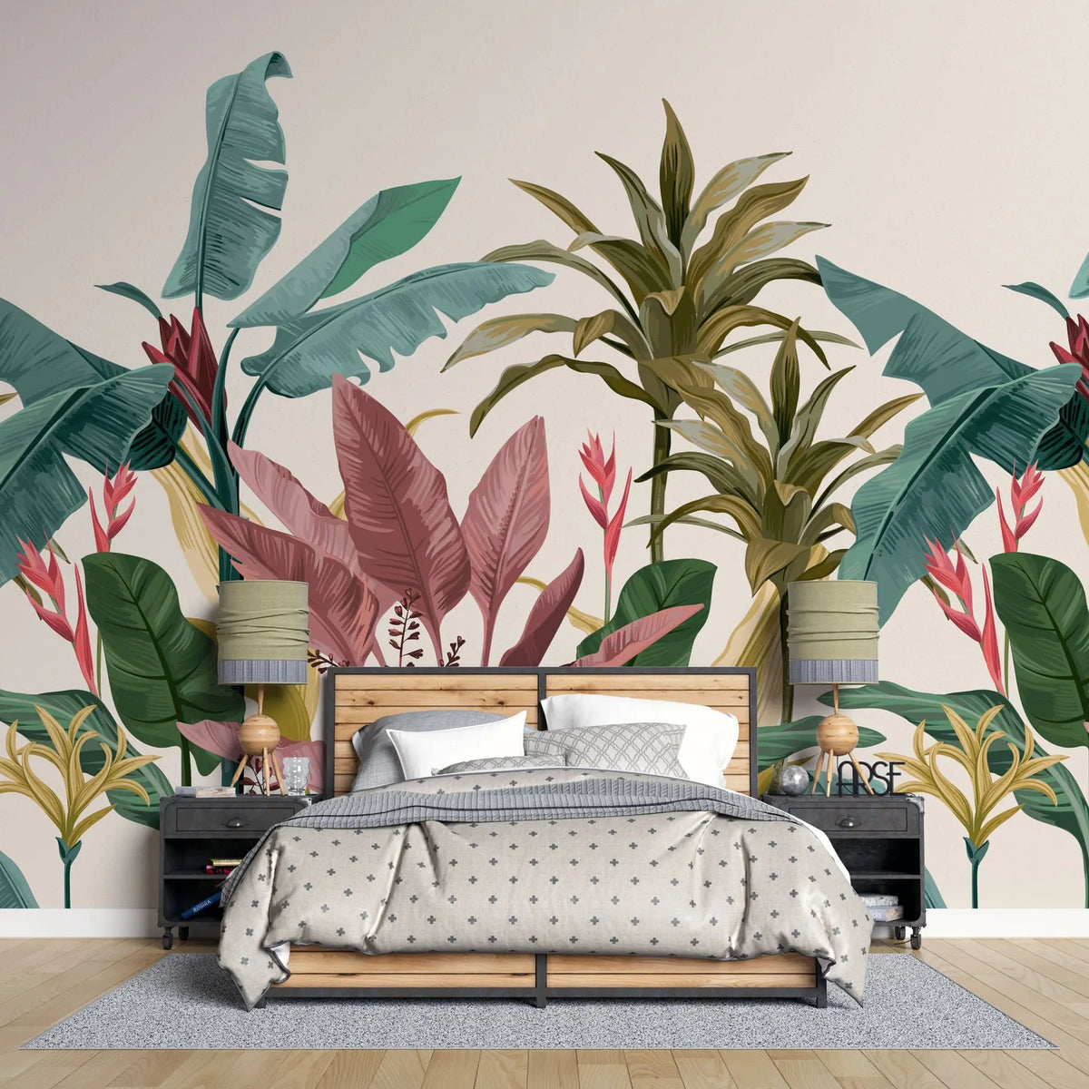 Tapet tropical personalizat vesel cu frunze tropicale de bananier si dracaena pragrans colorate in nuante de verde rozaliu si galben pe un fundal deschis tropical vibe