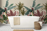 Tapet tropical personalizat vesel cu frunze tropicale de bananier si dracaena pragrans colorate in nuante de verde rozaliu si galben pe un fundal deschis tropical vibe