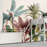 Tapet tropical personalizat vesel cu frunze tropicale de bananier si dracaena pragrans colorate in nuante de verde rozaliu si galben pe un fundal deschis tropical vibe