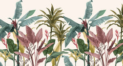 Tapet tropical personalizat vesel cu frunze tropicale de bananier si dracaena pragrans colorate in nuante de verde rozaliu si galben pe un fundal deschis tropical vibe