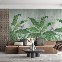 Tapet tropical personalizat cu frunze tropicale de bananieri agave si papagali tropicali colorati pe un fundal gri texturat tropical wilderness