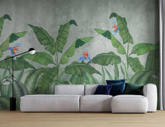 Tapet tropical personalizat cu frunze tropicale de bananieri agave si papagali tropicali colorati pe un fundal gri texturat tropical wilderness