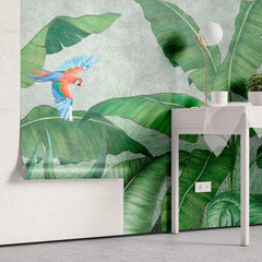 Tapet tropical personalizat cu frunze tropicale de bananieri agave si papagali tropicali colorati pe un fundal gri texturat tropical wilderness