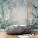 Tapet tropical personalizat cu frunze tropicale de welwitschia si strelitzia pe un fundal pictat in nuante de bej si albastru welwitschia