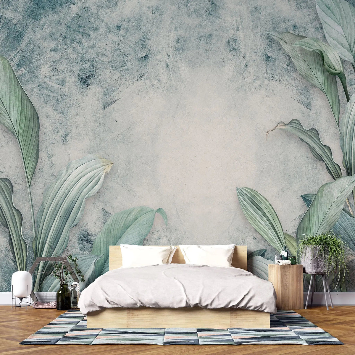 Tapet tropical personalizat cu frunze tropicale de welwitschia si strelitzia pe un fundal pictat in nuante de bej si albastru welwitschia
