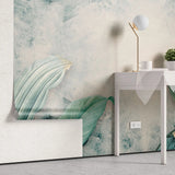 Tapet tropical personalizat cu frunze tropicale de welwitschia si strelitzia pe un fundal pictat in nuante de bej si albastru welwitschia