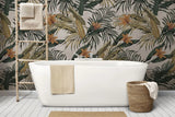 Tapet tropical personalizat cu flori tropicale de crin salbatic printre frunze de palmier si plante tropicale cu fundal bej texturat wild lilium
