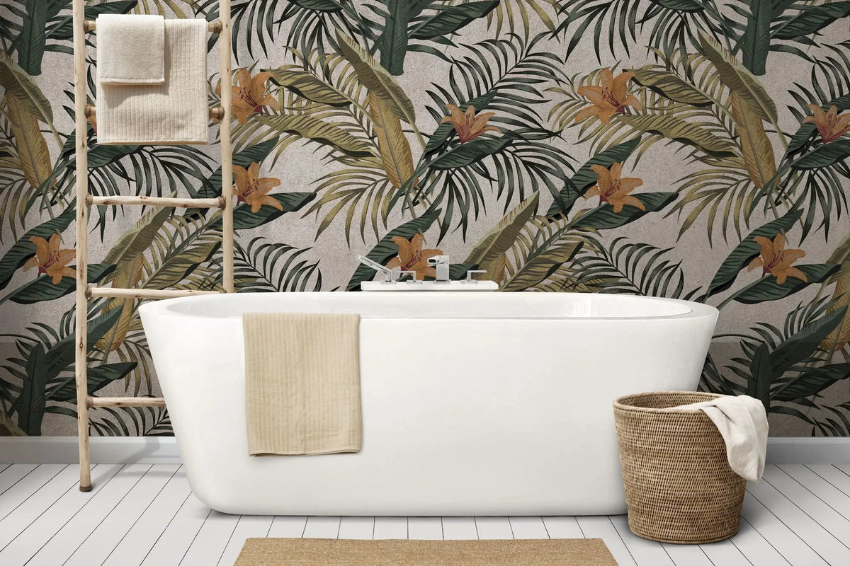 Tapet tropical personalizat cu flori tropicale de crin salbatic printre frunze de palmier si plante tropicale cu fundal bej texturat wild lilium