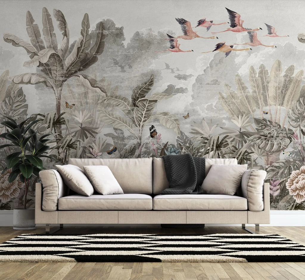 Tapet personalizat tropical cu pasari flamingo zburand peste jungla in nuante fade tropical flamingo