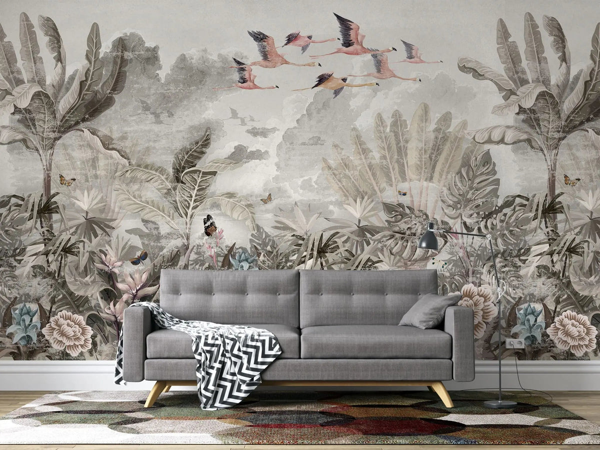 Tapet personalizat tropical cu pasari flamingo zburand peste jungla in nuante fade tropical flamingo