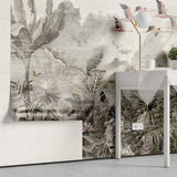 Tapet personalizat tropical cu pasari flamingo zburand peste jungla in nuante fade tropical flamingo