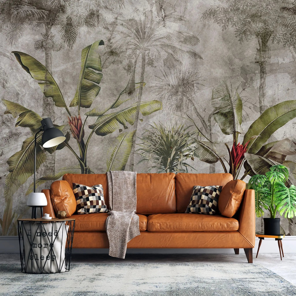Tapet personalizat tropical cu bananier rosu pe un fundal sepia banana red