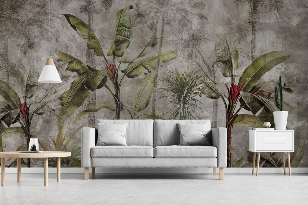 Tapet personalizat tropical cu bananier rosu pe un fundal sepia banana red