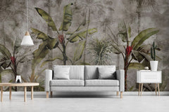 Tapet personalizat tropical cu bananier rosu pe un fundal sepia banana red