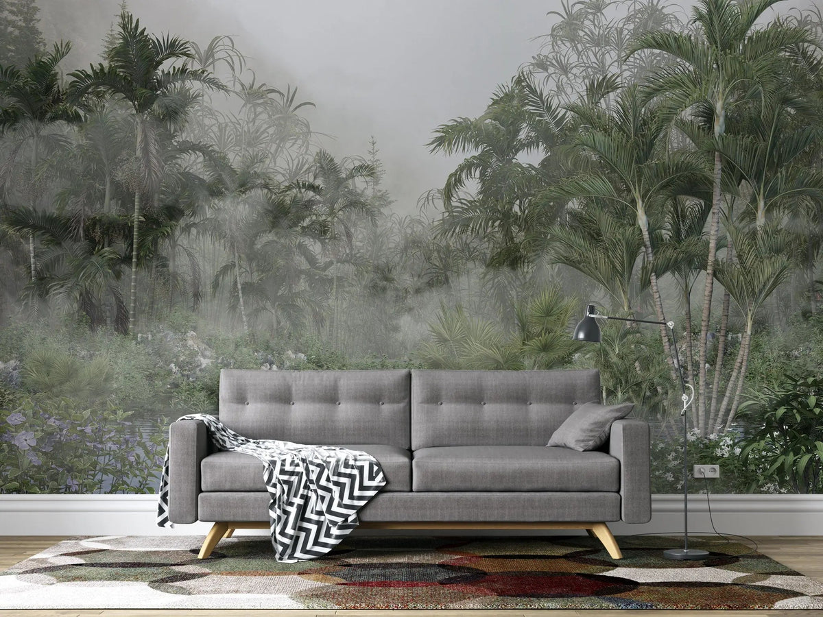 Tapet personalizat tropical cu jungla aflata in ceata foggy jungle