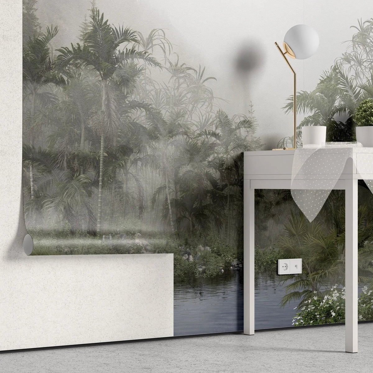 Tapet personalizat tropical cu jungla aflata in ceata foggy jungle