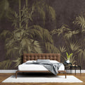 Tapet personalizat tropical cu bambus auriu pe un fundal maro inchis dark bamboo