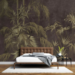 Tapet personalizat tropical cu bambus auriu pe un fundal maro inchis dark bamboo