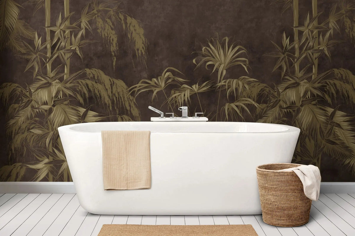 Tapet personalizat tropical cu bambus auriu pe un fundal maro inchis dark bamboo