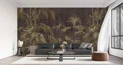 Tapet personalizat tropical cu bambus auriu pe un fundal maro inchis dark bamboo