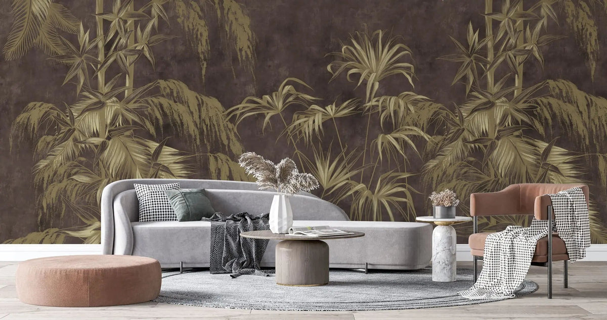 Tapet personalizat tropical cu bambus auriu pe un fundal maro inchis dark bamboo