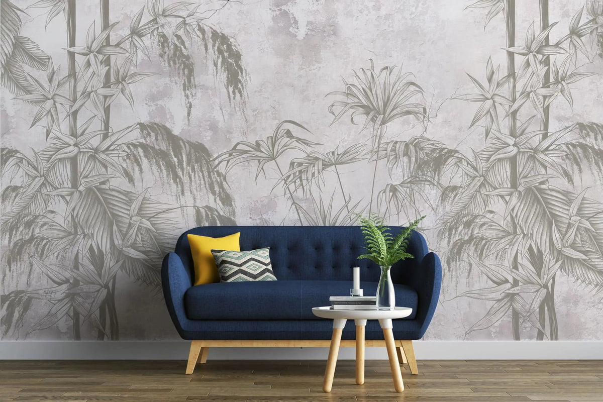 Tapet personalizat tropical cu bambus pe un fundal deschis white jungle