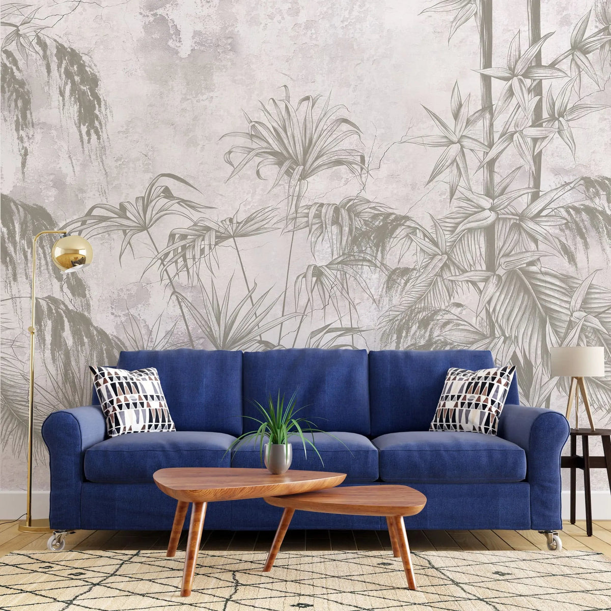 Tapet personalizat tropical cu bambus pe un fundal deschis white jungle