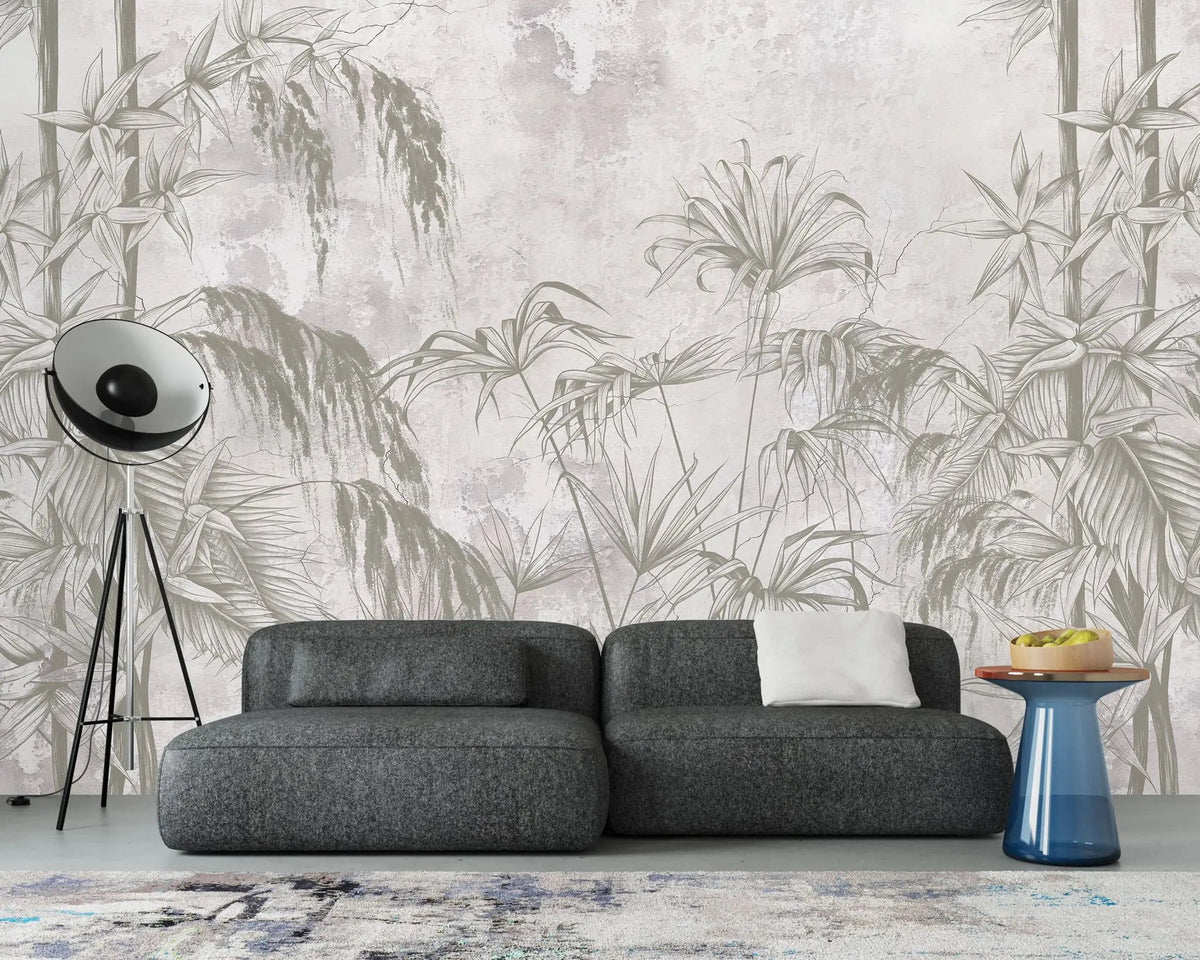 Tapet personalizat tropical cu bambus pe un fundal deschis white jungle