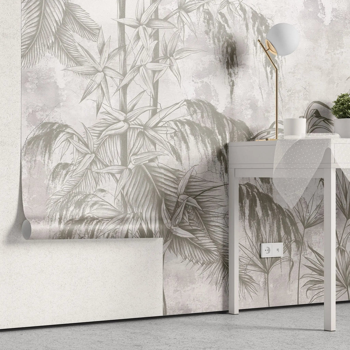 Tapet personalizat tropical cu bambus pe un fundal deschis white jungle