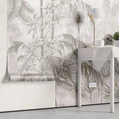 Tapet personalizat tropical cu bambus pe un fundal deschis white jungle