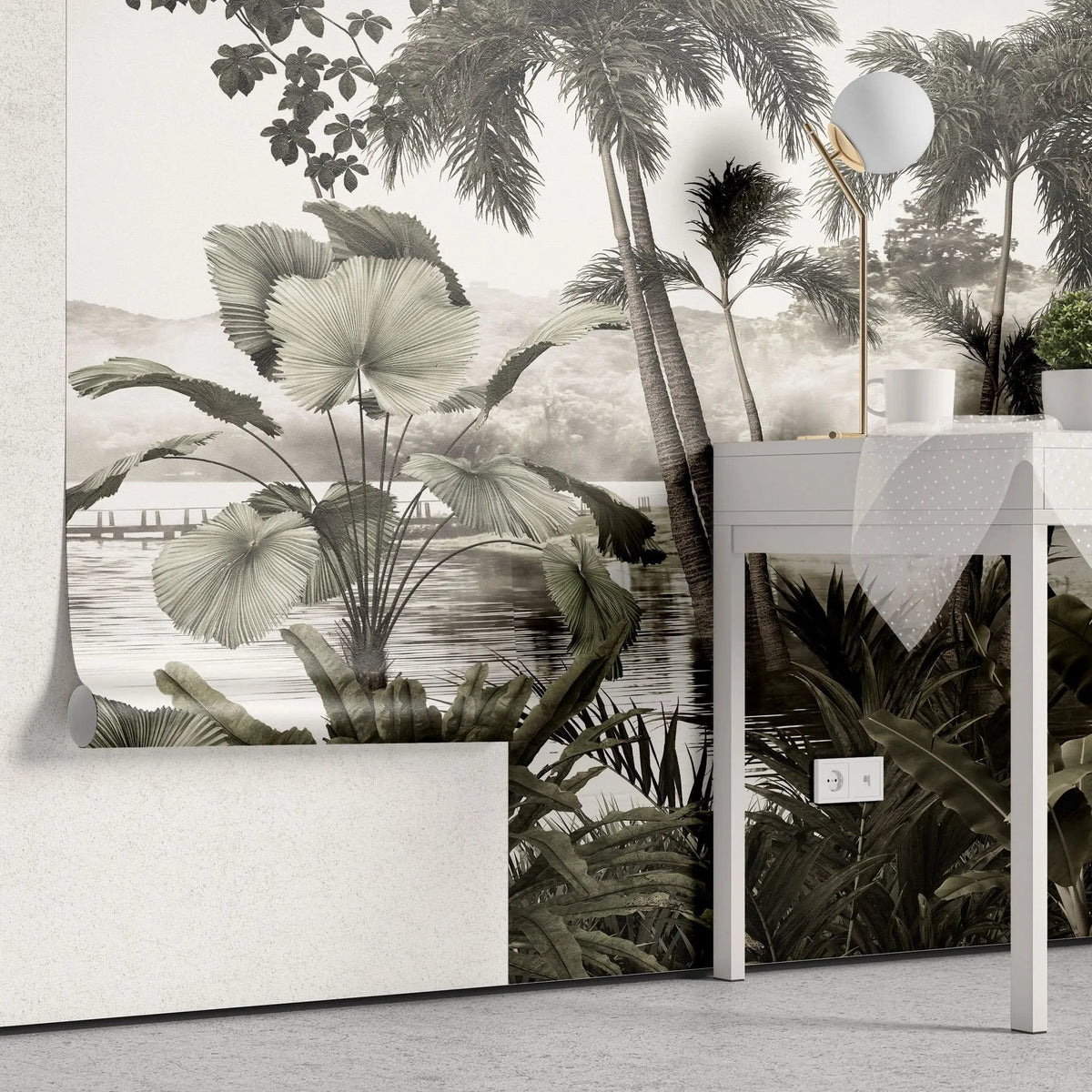 Tapet personalizat tropical cu ceata lasata peste apa din jungla palmieri si plante tropicale fog over the jungle