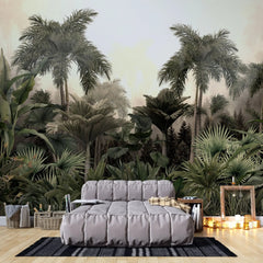 Tapet personalizat tropical cu junngla innorata peisaj tropical cu palmieri si plante tropicale cloudy jungle