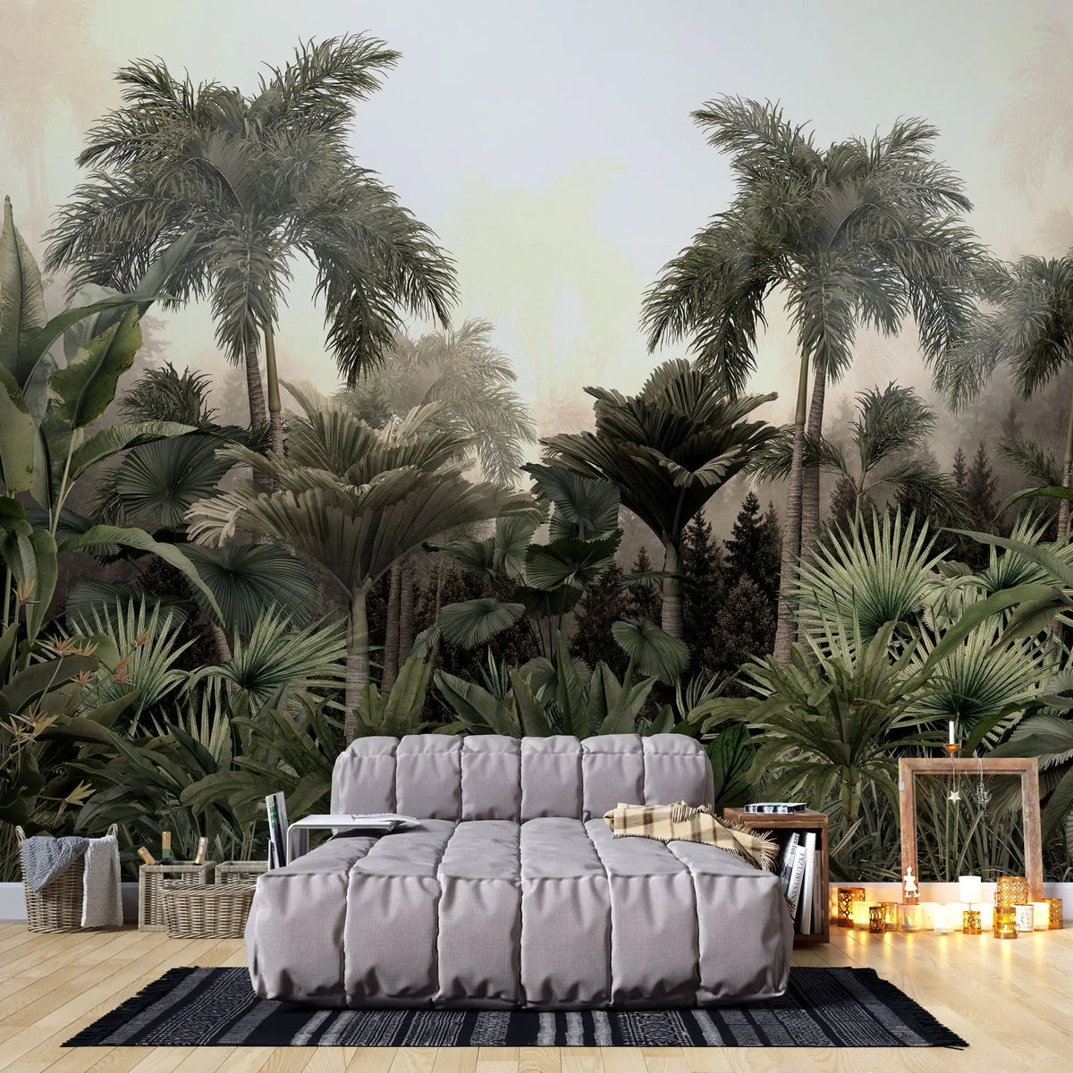 Tapet personalizat tropical cu junngla innorata peisaj tropical cu palmieri si plante tropicale cloudy jungle