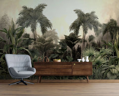 Tapet personalizat tropical cu junngla innorata peisaj tropical cu palmieri si plante tropicale cloudy jungle