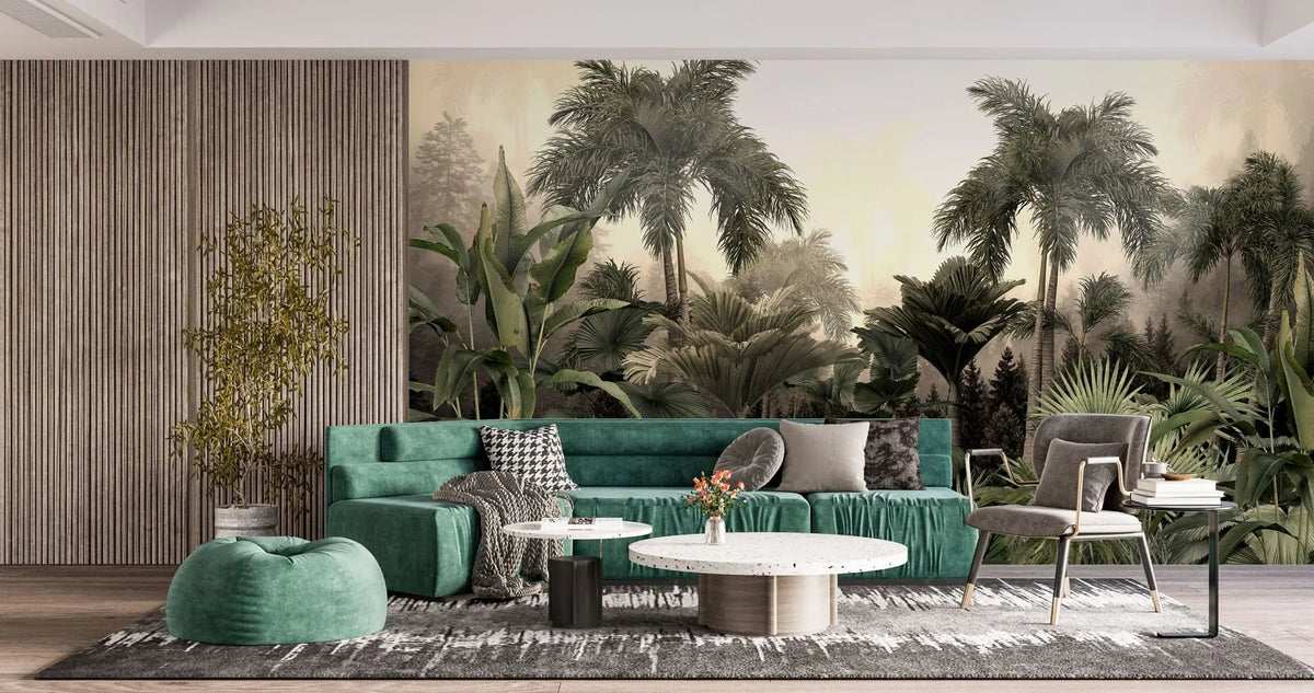 Tapet personalizat tropical cu junngla innorata peisaj tropical cu palmieri si plante tropicale cloudy jungle