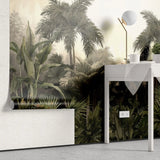 Tapet personalizat tropical cu junngla innorata peisaj tropical cu palmieri si plante tropicale cloudy jungle