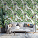 Tapet personalizat tropical cu pasari tropicale colorate printre frunze verzi de palmier tropical palm exotic birds