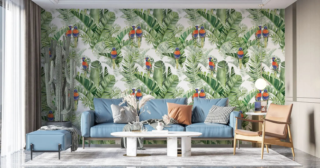 Tapet personalizat tropical cu pasari tropicale colorate printre frunze verzi de palmier tropical palm exotic birds