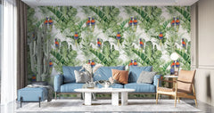 Tapet personalizat tropical cu pasari tropicale colorate printre frunze verzi de palmier tropical palm exotic birds